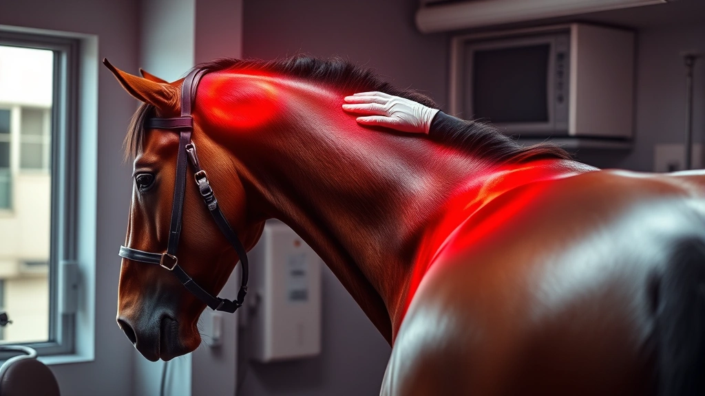 Thoroughbred racehorse receiving red light therapy treatment across shoulders and back muscles, professional veterinary clinic environment, athletic recovery focus, photorealistic