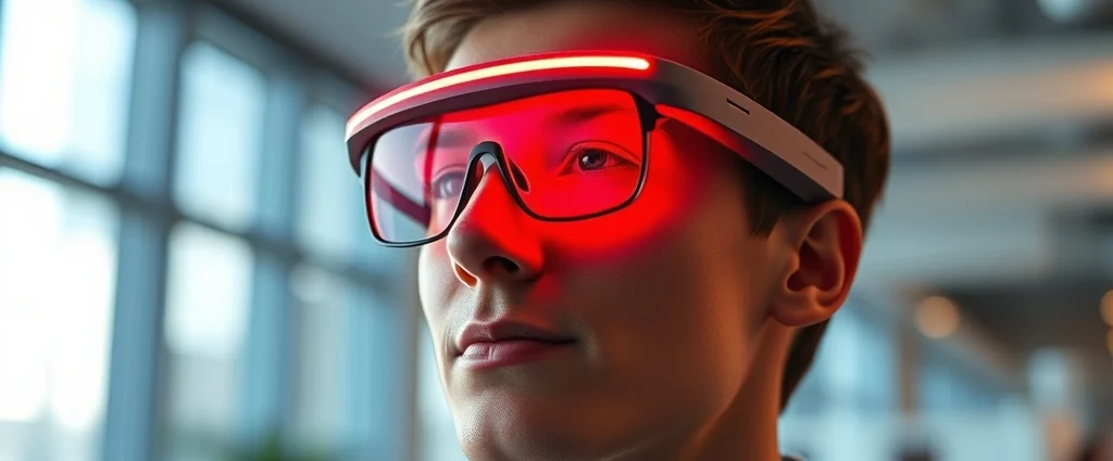 Person wearing red light therapy glasses indoors with warm red glow on face, professional setting, modern eyewear device, photorealistic lighting showing wavelength effects on facial skin