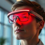 Person wearing red light therapy glasses indoors with warm red glow on face, professional setting, modern eyewear device, photorealistic lighting showing wavelength effects on facial skin