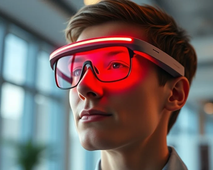 Person wearing red light therapy glasses indoors with warm red glow on face, professional setting, modern eyewear device, photorealistic lighting showing wavelength effects on facial skin