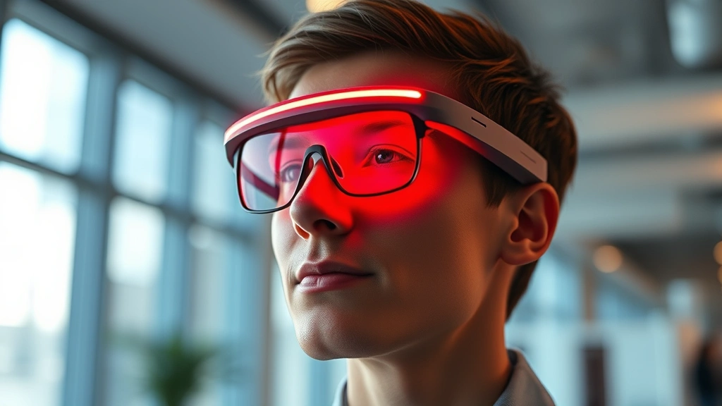 Person wearing red light therapy glasses indoors with warm red glow on face, professional setting, modern eyewear device, photorealistic lighting showing wavelength effects on facial skin