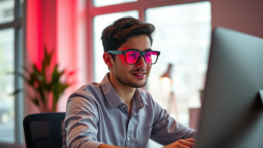 Young professional using red light therapy glasses at desk with improved focus expression, warm ambient red light creating therapeutic atmosphere, modern office environment, natural lighting