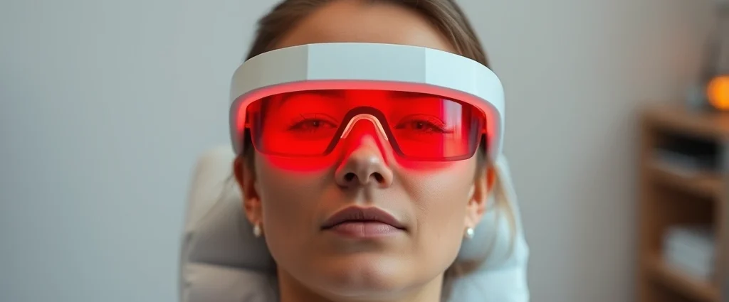 Person wearing red light therapy goggles during morning session, soft warm glow around eyes, clinical setting with neutral background, focused serene expression