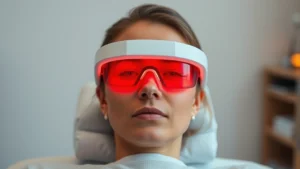 Person wearing red light therapy goggles during morning session, soft warm glow around eyes, clinical setting with neutral background, focused serene expression