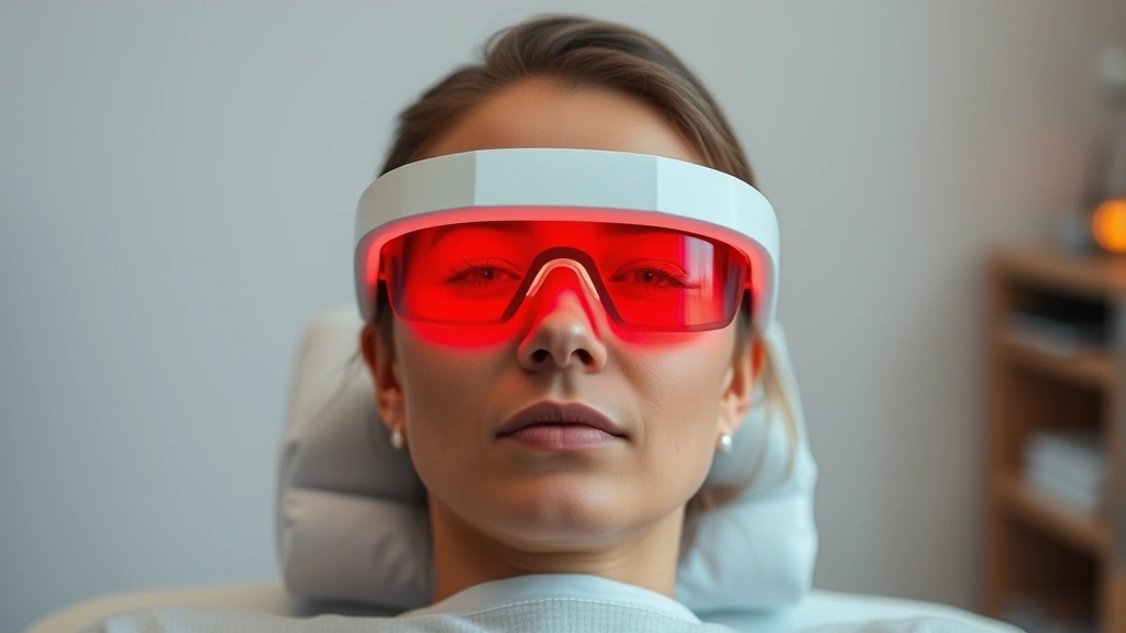 Person wearing red light therapy goggles during morning session, soft warm glow around eyes, clinical setting with neutral background, focused serene expression