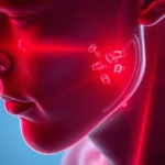 Photorealistic scientific visualization showing red light wavelength at 650nm penetrating through human skin layers into muscle tissue, with glowing mitochondria visible, clean laboratory aesthetic, no text or labels