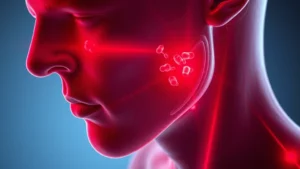 Photorealistic scientific visualization showing red light wavelength at 650nm penetrating through human skin layers into muscle tissue, with glowing mitochondria visible, clean laboratory aesthetic, no text or labels