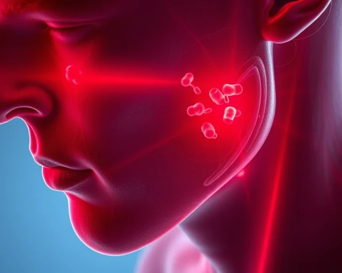 Photorealistic scientific visualization showing red light wavelength at 650nm penetrating through human skin layers into muscle tissue, with glowing mitochondria visible, clean laboratory aesthetic, no text or labels