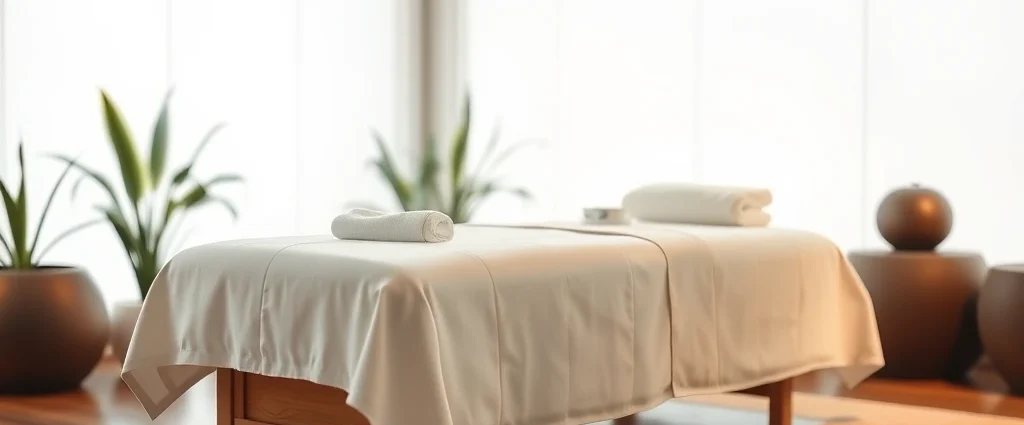 A serene spa environment with soft lighting, a massage table with white linens, and blurred natural elements like plants and water features, representing calm wellness space