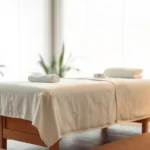 A serene spa environment with soft lighting, a massage table with white linens, and blurred natural elements like plants and water features, representing calm wellness space